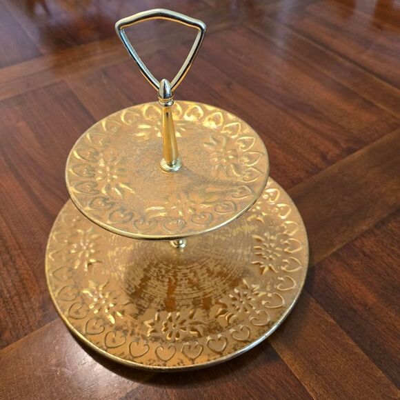 STANGL Gold Two-Tier Tidbit Serving Tray Gold Tone - Picture 1 of 7
